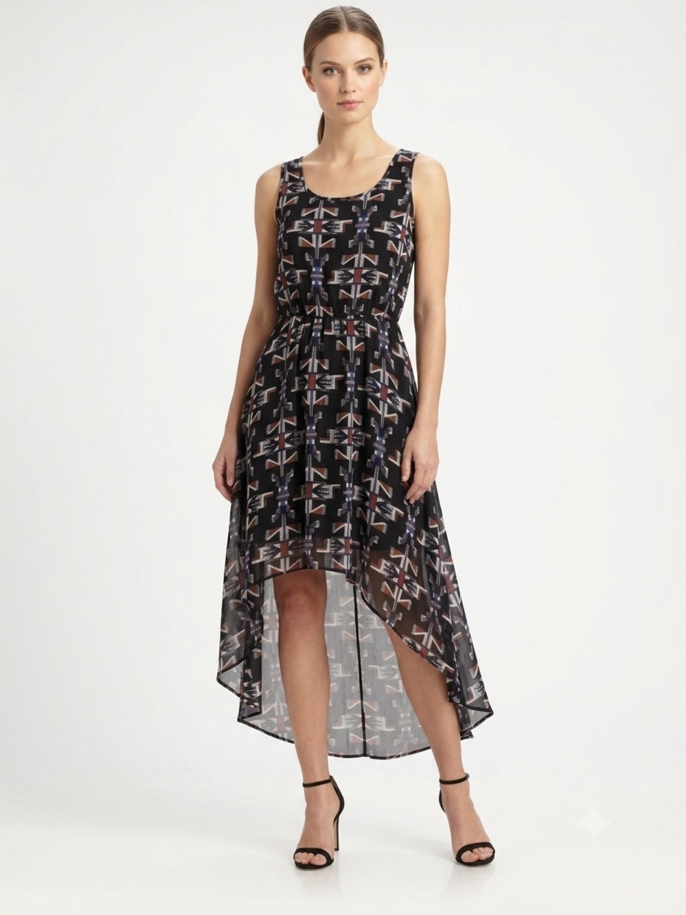 Max C London NWOT Black Geometric Hi-Low Dress with Red & Blue Accents